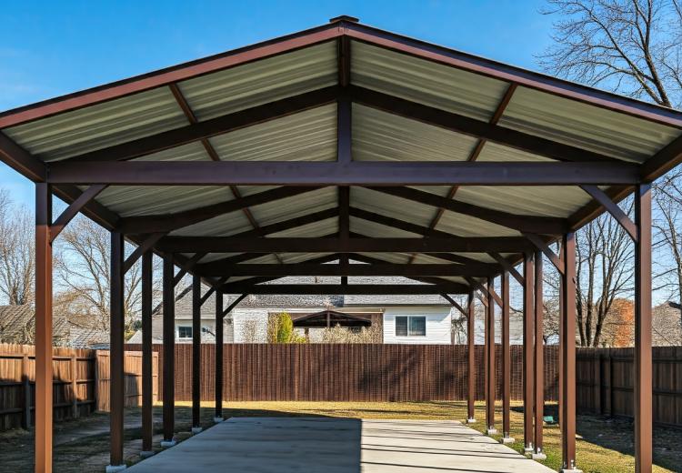 A large metal carport with a pitched roof and a concrete floor, providing shelter for vehicles.