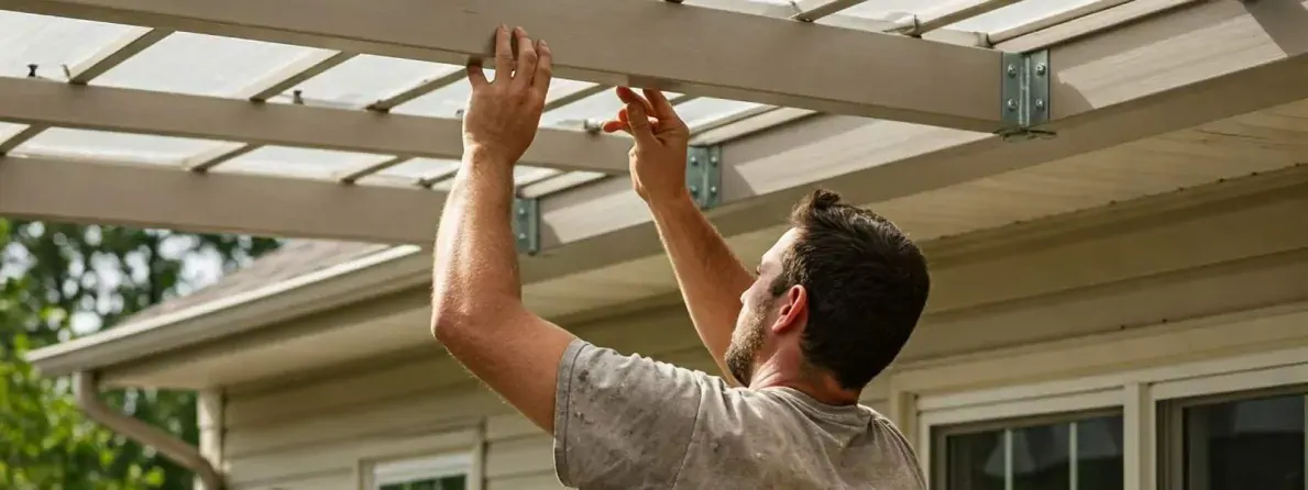 man installing suntuf panels on pergola attached to house