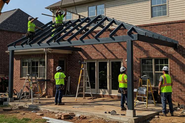 Steel gable patio installation on brick house with patio construction workers